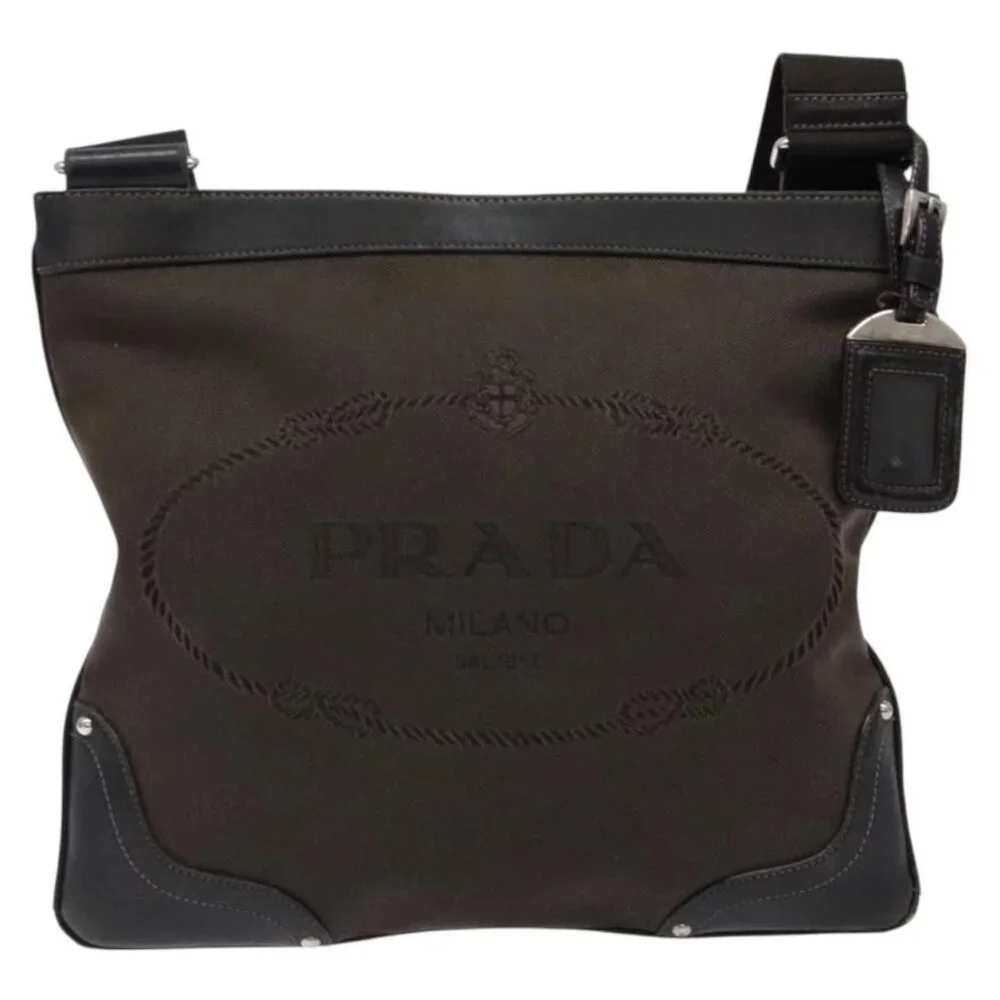 PRADA Shoulder Bag Canvas Leather Brown Silver Auth - Picture 2 of 16